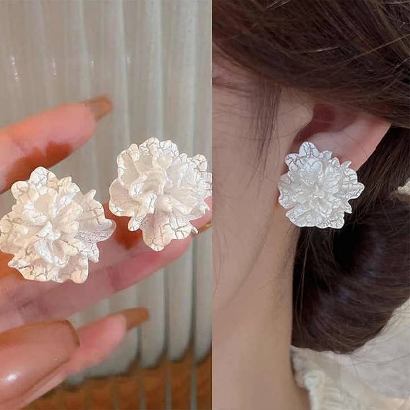 ADORNITY White 3D Floral Studs Earrings For Women Girls Korean Earring Jewellery Alloy Stud Earring