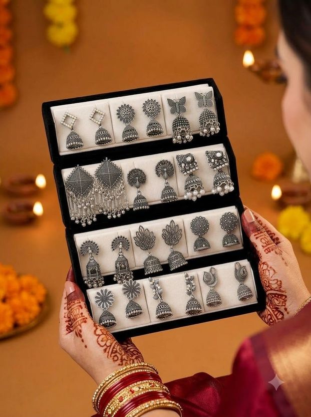 Heerrana Viral 16 Pair Oxidised Earring Set - Image 4