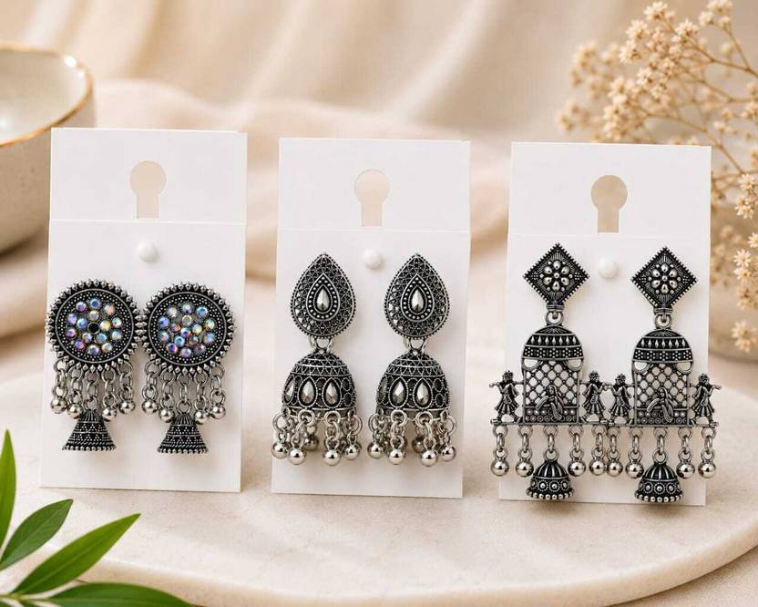 Abu collection Oxidised Silver Jhumka Earrings combo 3 pieces Alloy Jhumki Earring