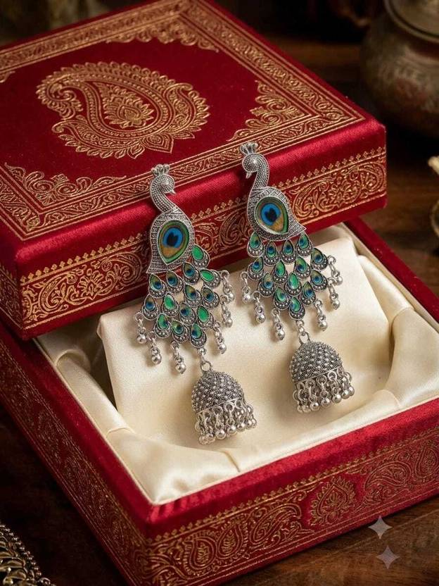 KailashKumar Oxidized Silver Peacock Jhumka Earrings Alloy Drops & Danglers, Jhumki Earring