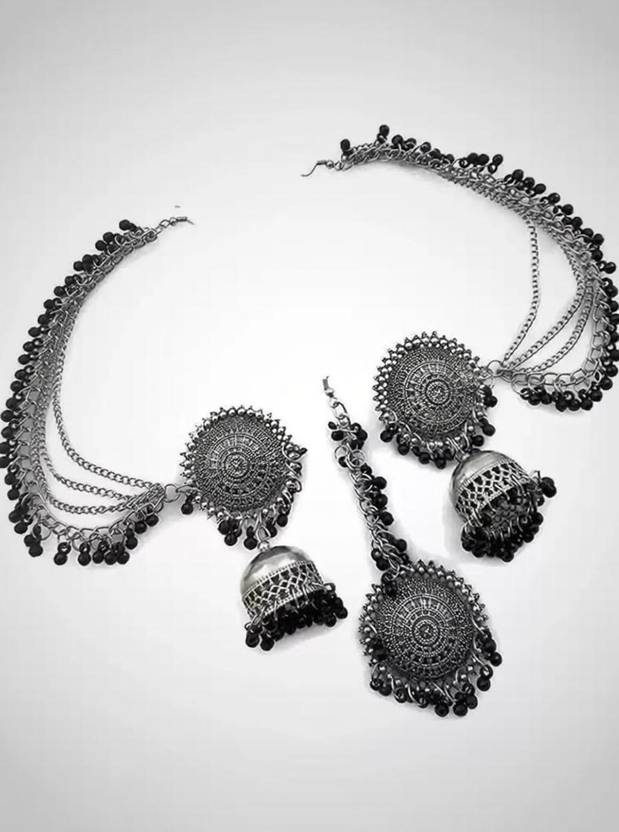budget buy BBBahubaliKashmiriJhumkaBlack ColorEarings Set with Maang Tikka Alloy Ear Thread Alloy Jhumki Earring