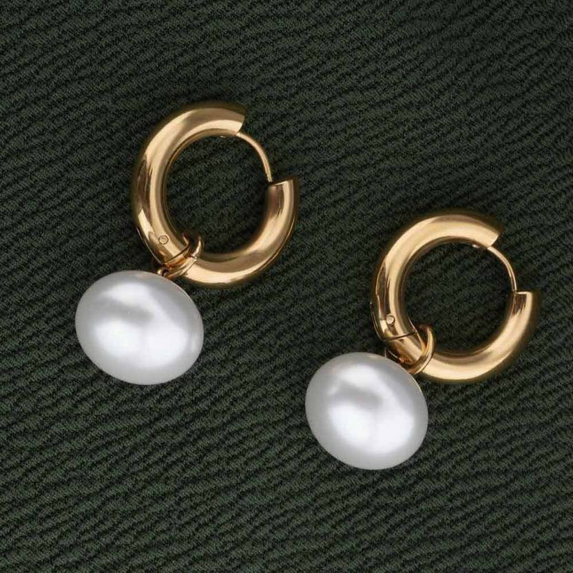 PALMONAS PALMONAS Bold Pearl Hoop Earrings for Womens - Waterproof & Anti-Tarnish Pearl Stainless Steel Hoop Earring