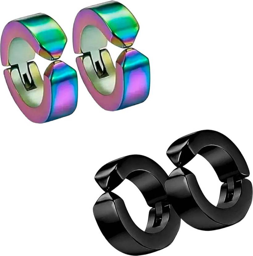 Harvik Pack of 2 Pairs Earring Combo Multi Black Non Piercing Bali For Men And Boys Stainless Steel Clip-on Earring, Huggie Earring, Stud Earring, Earring Set