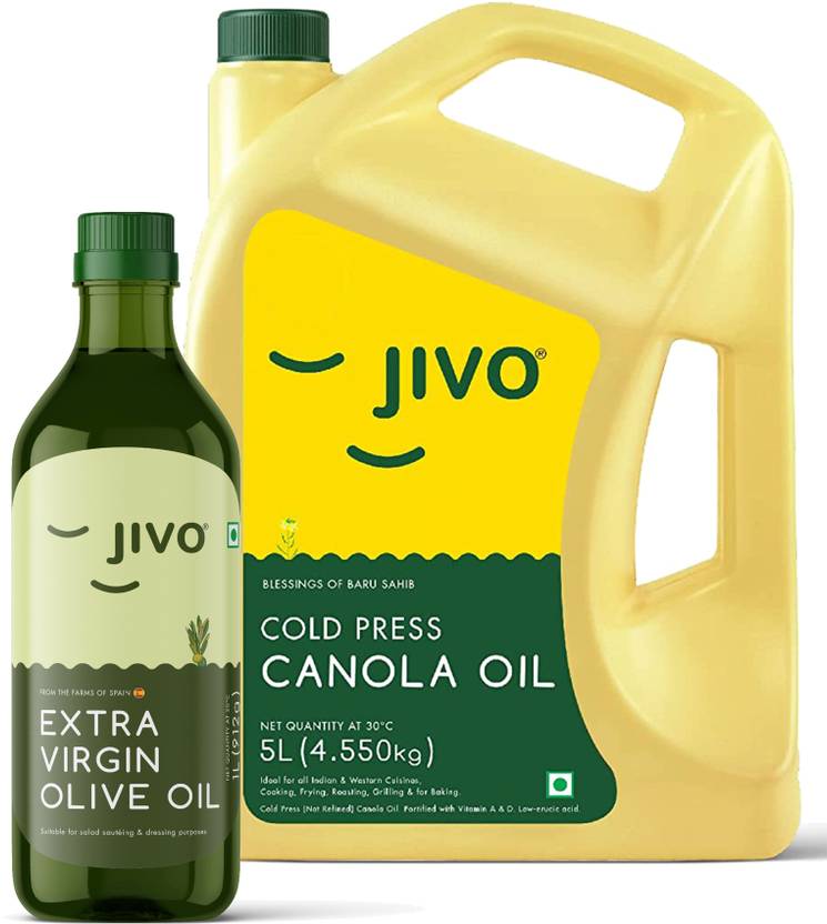 JIVO Canola Cold Press Edible Oil 5L + Extra Virgin 1L Canola Oil Can