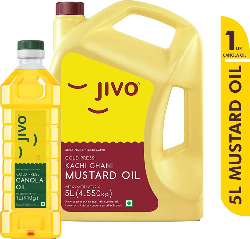 JIVO Premium Pure Mustard Oil 5Ltr with Cold Pressed 1L Canola Oil