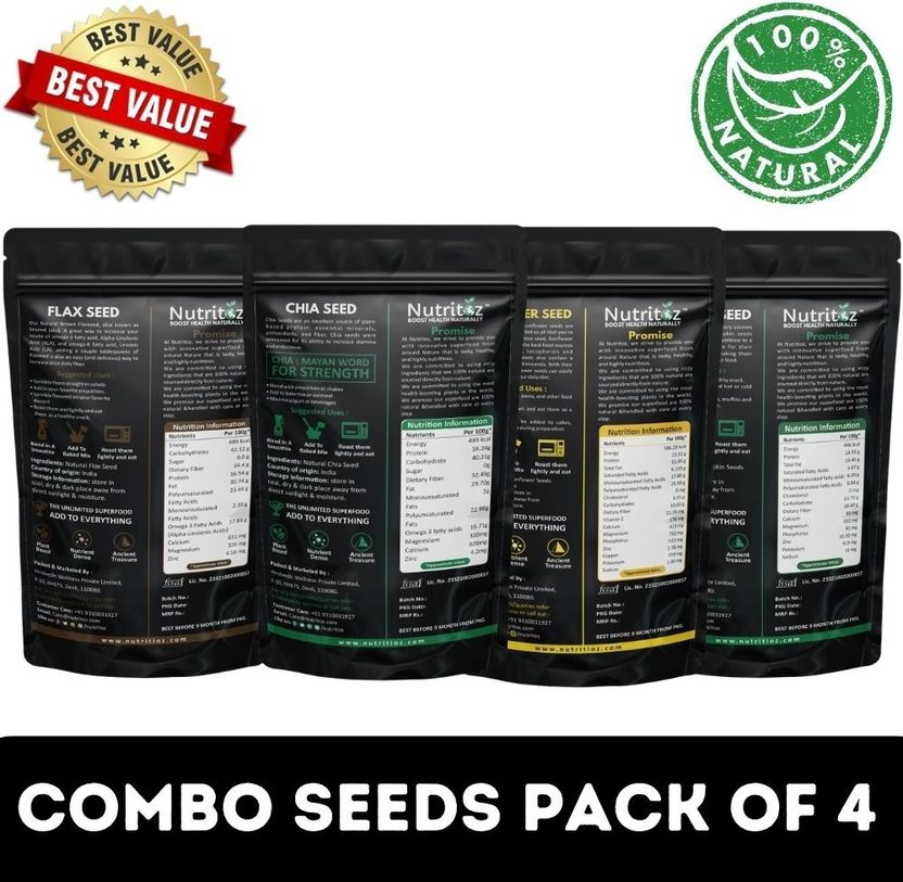 Nutritoz Raw Chia, Flax, Pumpkin & Sunflower Seeds Combo Pack of 50 - Image 4