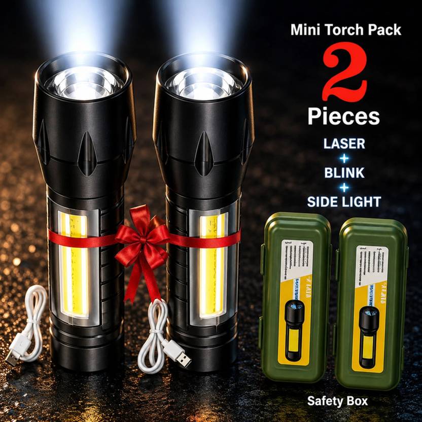 Aubade (Pack of 2) Mini LED Rechargeable Portable Torch LED Work Light 6 hrs Torch Emergency Light