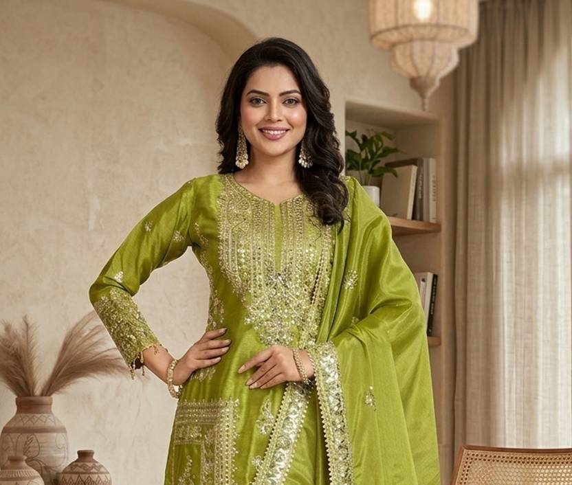 AKSHARAMERA Women Silk Blend Kurta Pant Dupatta Set