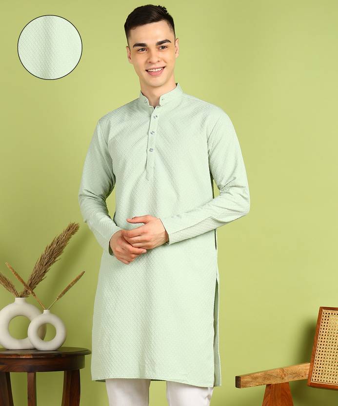 FUBAR Men Solid Cotton Blend Straight Kurta (Light Green)