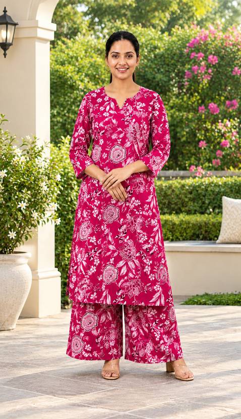 Aakasya Women Cotton Blend Kurta Palazzo Set