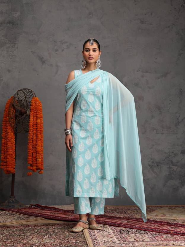 Khushal K Women Pure Cotton Kurta Palazzo Dupatta Set