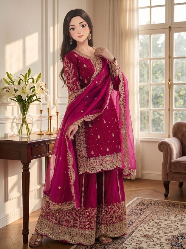 Anghanbrothers Women Pure Silk Kurta Sharara Dupatta Set - Image 3