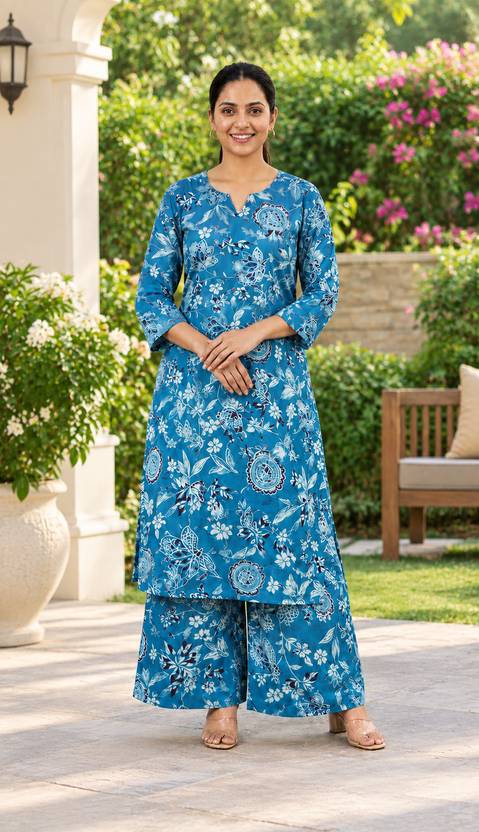 Aakasya Women Cotton Blend Kurta Palazzo Set