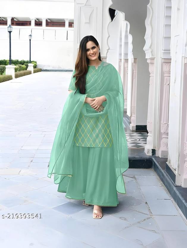 Zestleaf Women Kurta Sharara Dupatta Set