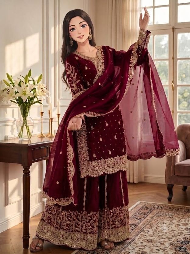 Anghanbrothers Women Pure Silk Kurta Sharara Dupatta Set - Image 6