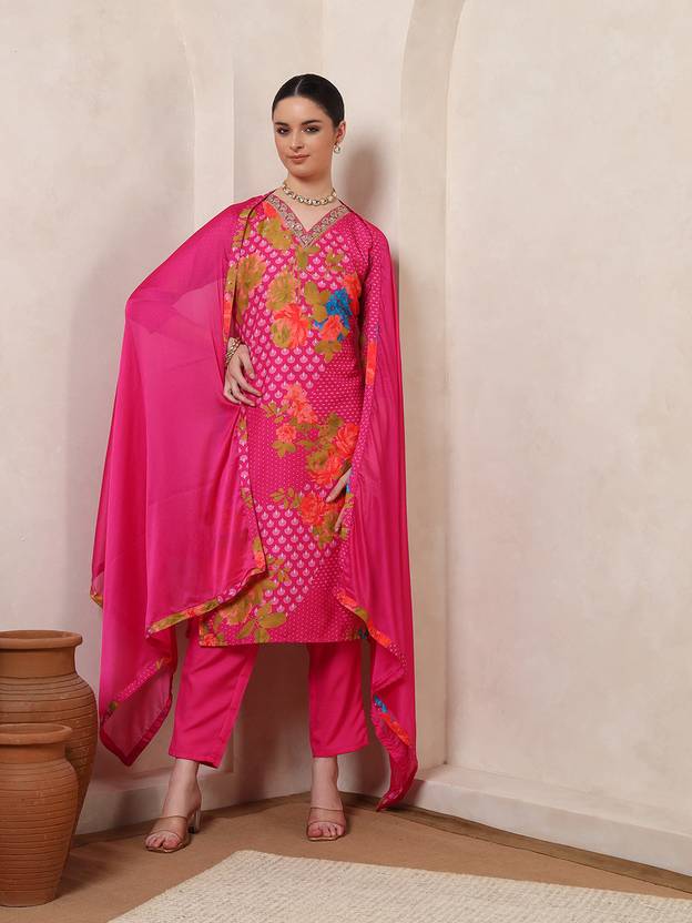 Nehamta Women Cotton Rayon Kurta Pant Dupatta Set