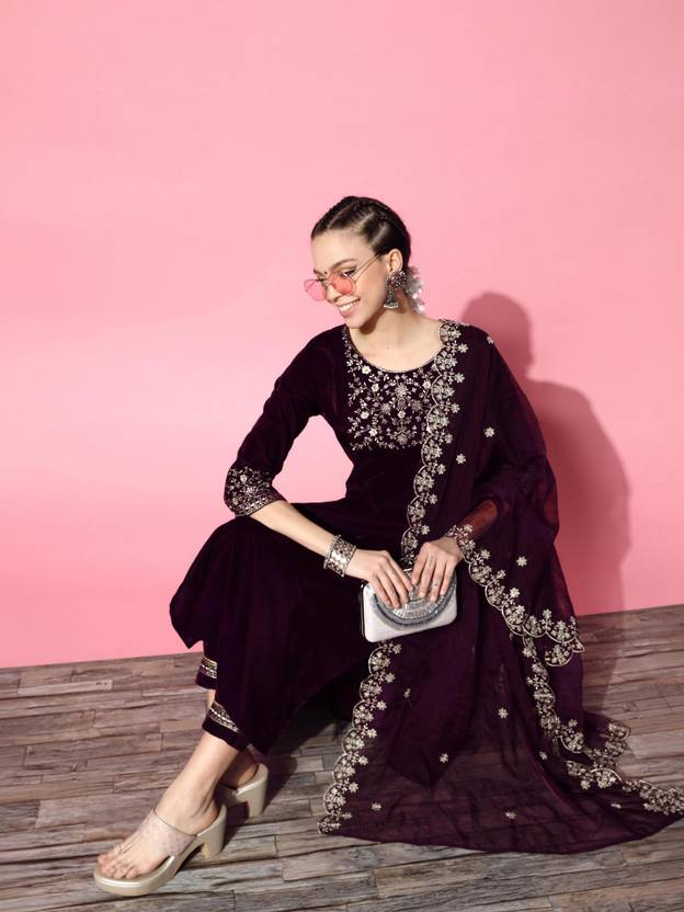 kvsfab Women Velvet Kurta Pant Dupatta Set