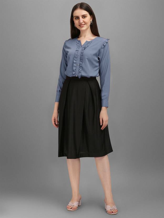 Kinjo Women Solid Flared Grey Skirt