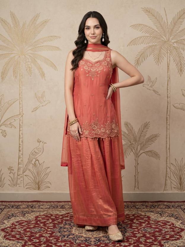 Sangria Women Satin Kurta Sharara Dupatta Set