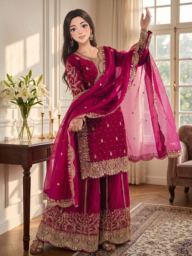 Anghanbrothers Women Pure Silk Kurta Sharara Dupatta Set - Image 1