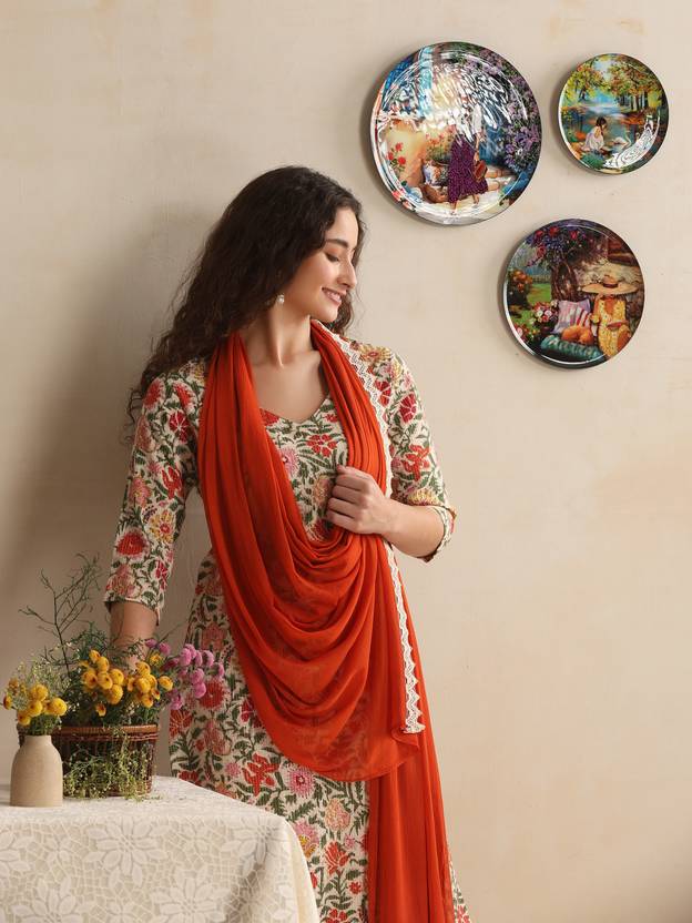 Khushal K Women Pure Cotton Kurta Palazzo Dupatta Set