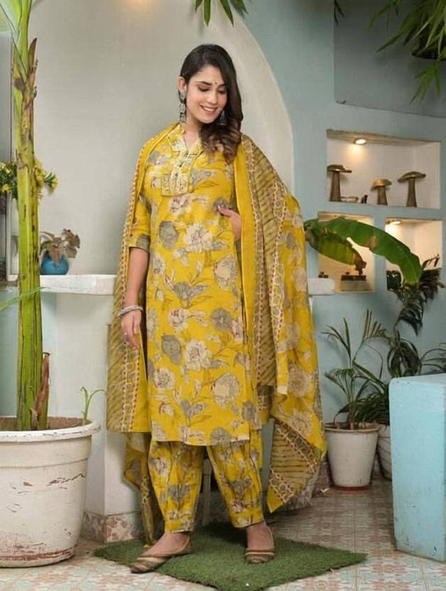 meenashion Women Pure Cotton Kurti Pant Dupatta Set