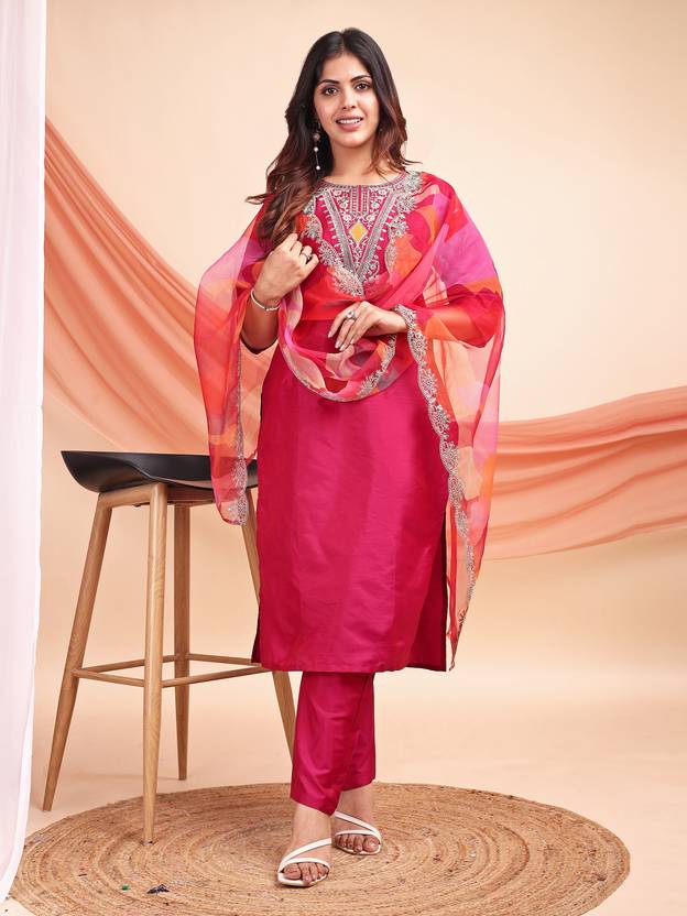 Women Art Silk Kurti Pant Dupatta Set