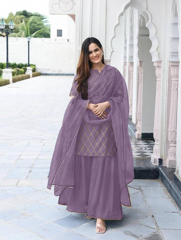 Zestleaf Women Viscose Rayon Kurta Sharara Dupatta Set