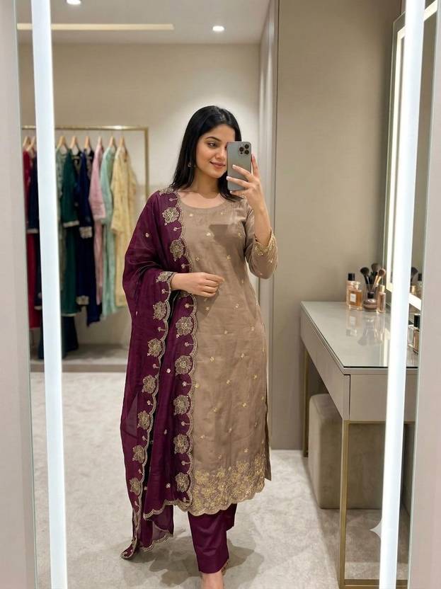 BlissFlair Art Silk Embroidered Salwar and Dupatta Material