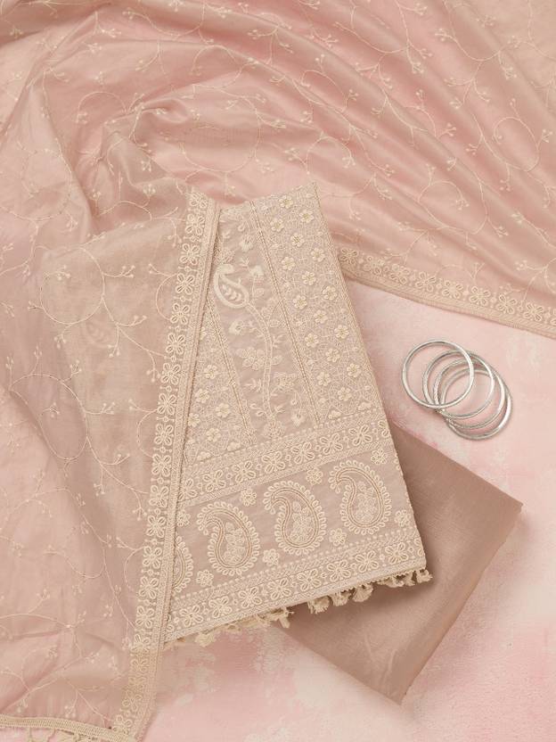 KOSKII Unstitched Chanderi Salwar Suit Material Embroidered