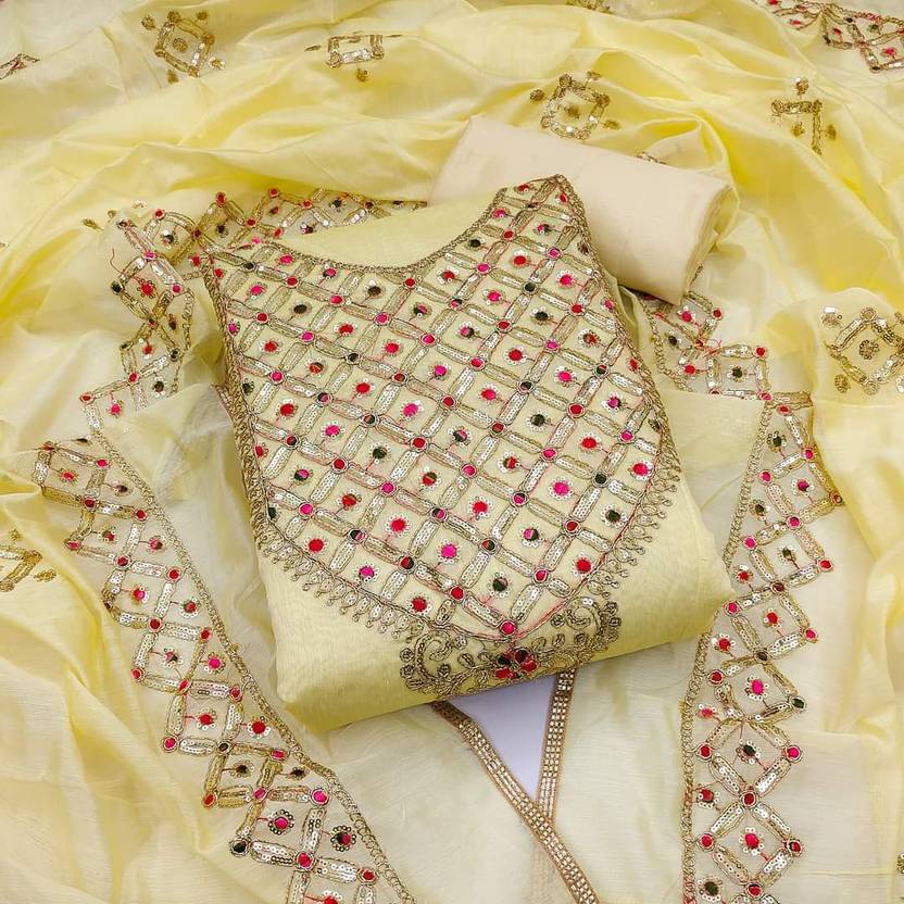 SWARNGANGA TEX Unstitched Chanderi Salwar Suit Material Embroidered