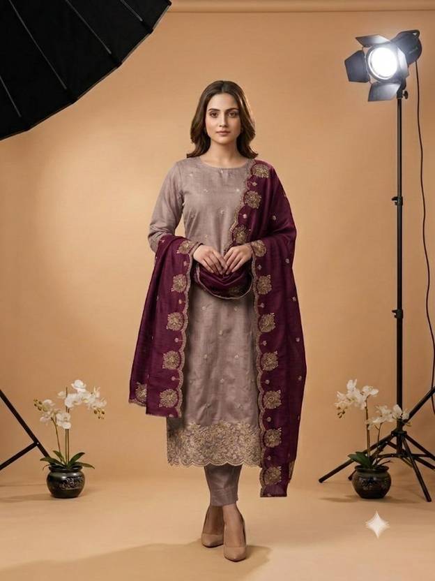 BlissFlair Unstitched Art Silk Salwar and Dupatta Material Embroidered