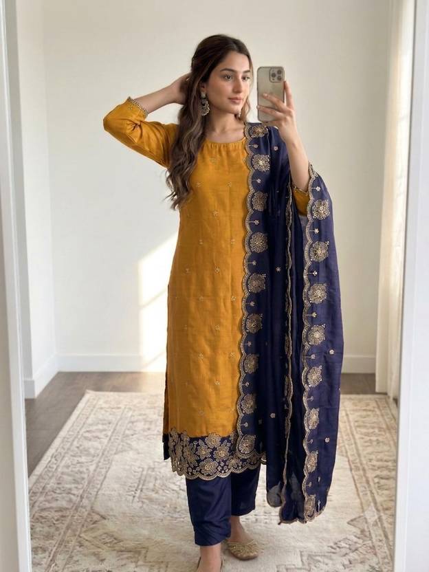 BlissFlair Art Silk Embroidered Salwar and Dupatta Material