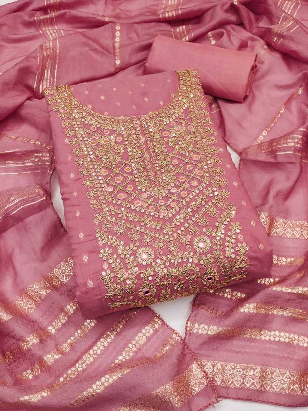 SWARNGANGA TEX Unstitched Chanderi Salwar Suit Material Embroidered
