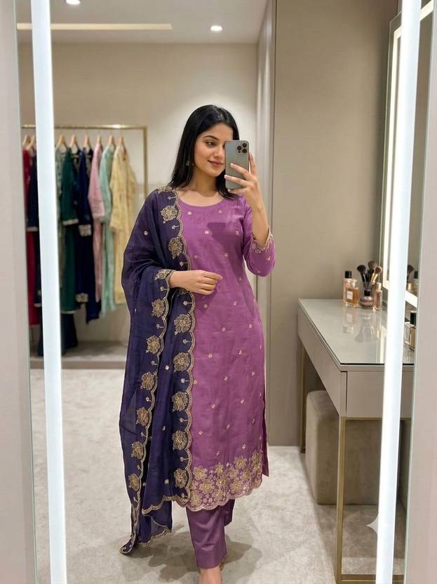 BlissFlair Unstitched Art Silk Salwar and Dupatta Material Embroidered