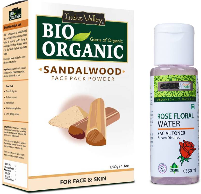 Indus Valley Bio Organic Sandalwood Powder 30gm and Rose Water 30ml Skin & Face Care Combo