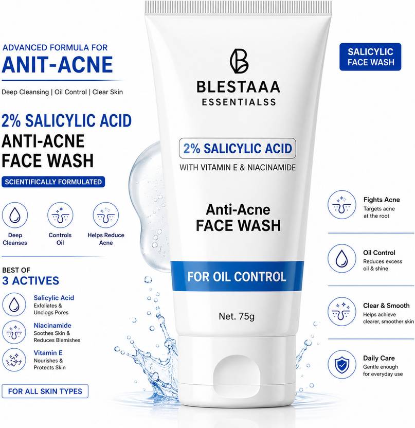 blestaaa essentialss 2% Salicylic Acid For Oily Skin | Anti Face Cleanser With Niacinamide & Vitamin E For Acne Face Wash