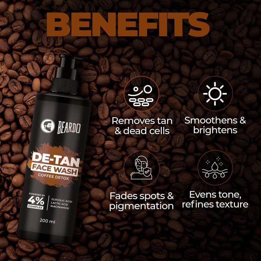 BEARDO De-Tan Glycolic & Lactic Acid, Niacinamide & Coffee 100ml - Image 5