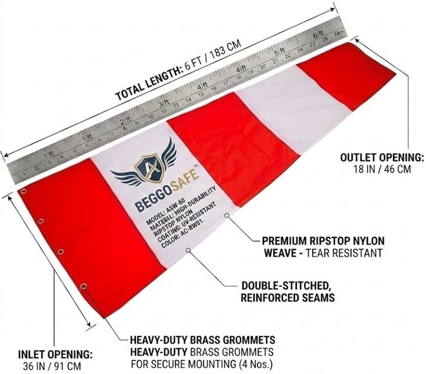 Windsock Cloth Single Layer Multi Color Red & White 6feet Long, PP Rope 3mtr Outdoor Flag 182.9 cm x 61.0 cm by BEGGOSAFE
