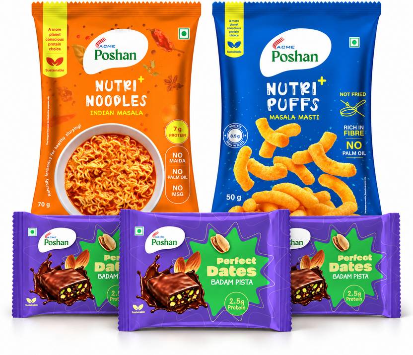 Acme Poshan Perfect Dates Badam Pista 3 +Masala noodles+ Masala puff (Pack of 5) Combo