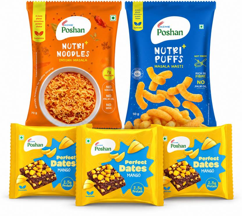 Acme Poshan Perfect Dates Mango 3 +Masala noodles + Masala puff (Pack of 5) Combo