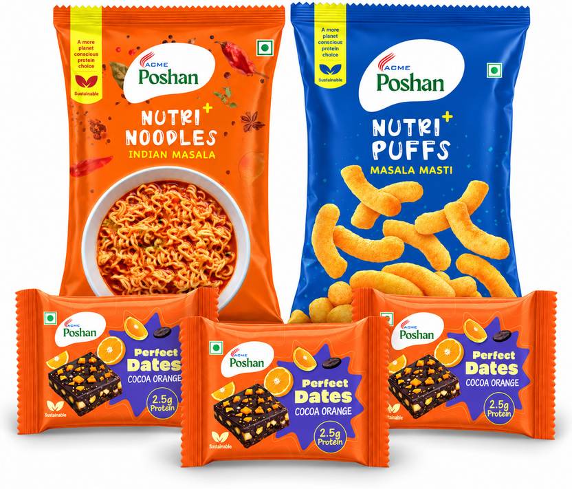 Acme Poshan Perfect Dates Cocoa Orange 3 +Masala noodles + Masala puff ( Pack of 5) Combo