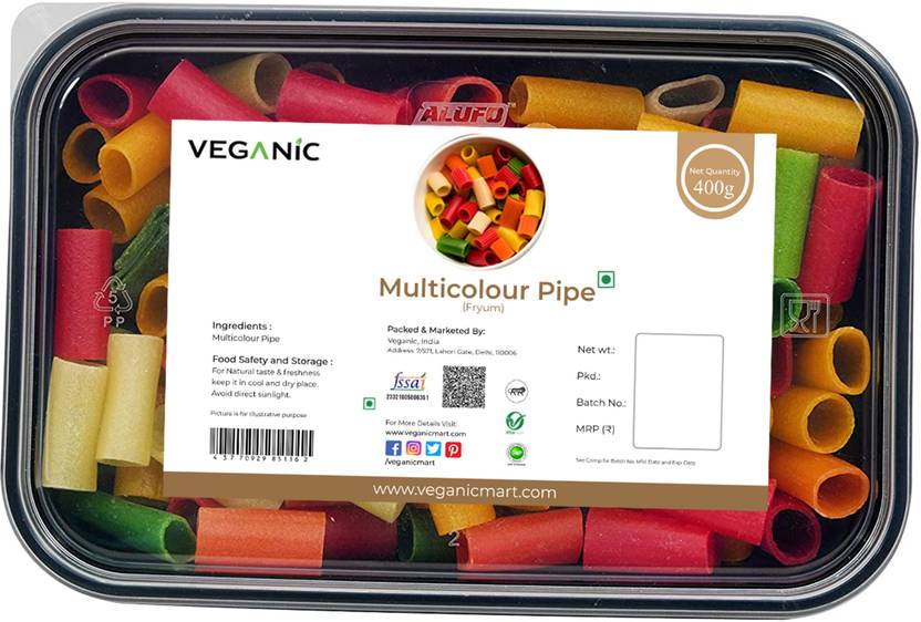 Veganic Multicolour Pipe, Fingers Fryums, Snack Pellets in Tubular Circular Shape, Raw Gottalu, Ready to Fry Nalki Papad Snacks With Tastemaker Fryums