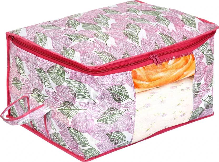 KUBER INDUSTRIES Designer Metalic Leafy Print Non Woven Underbed Storage Bag,Cloth Organiser,Blanket Cover with Transparent Window (Pink)-34_S_KUBMART16613 34_S_KUBMART016613