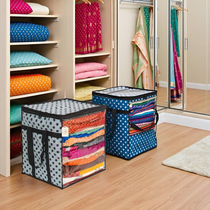AARON INC Polka Dot Non-Woven Saree Cover Organizer – 90 GSM Fabric, Transparent Front Window, Double Zipper & Sturdy Handles | Foldable Cloth Storage Box for Wardrobe (50L, Pack of 1) SFXL7773159842825