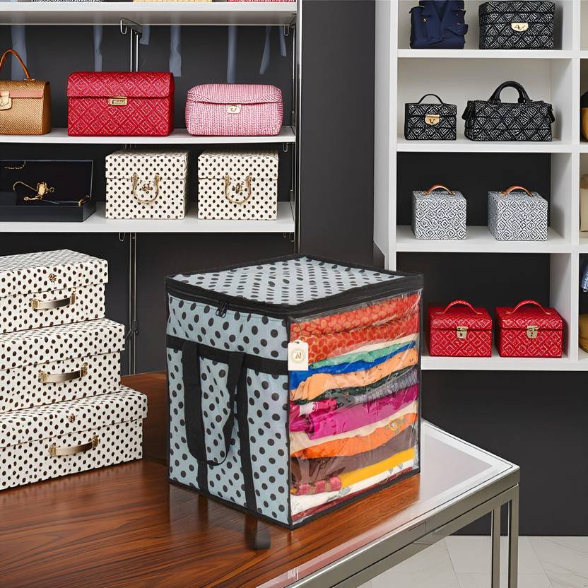 AMAK INC Polka Dot Non-Woven Saree Cover Organizer – 90 GSM Fabric, Transparent Front Window, Double Zipper & Sturdy Handles | Foldable Cloth Storage Box for Wardrobe (50L, Pack of 1) SFXL7773159842921