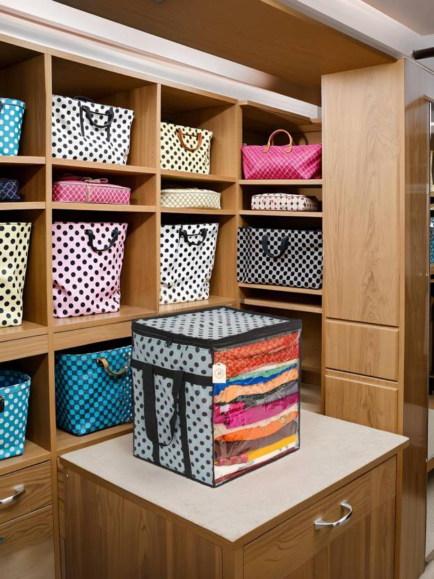 AMAK INC Polka Dot Non-Woven Saree Cover Organizer – 90 GSM Fabric, Transparent Front Window, Double Zipper & Sturdy Handles | Foldable Cloth Storage Box for Wardrobe (50L, Pack of 1) SFXL7773159842911