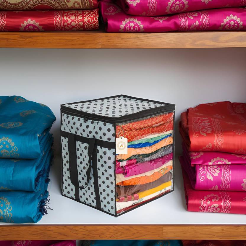 AMAK INC Polka Dot Non-Woven Saree Cover Organizer – 90 GSM Fabric, Transparent Front Window, Double Zipper & Sturdy Handles | Foldable Cloth Storage Box for Wardrobe (50L, Pack of 1) SFXL7773159842877