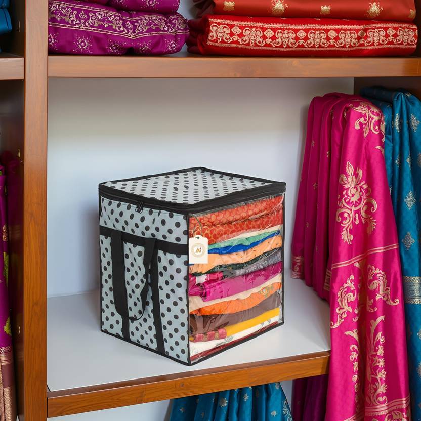 AMAK INC Polka Dot Non-Woven Saree Cover Organizer – 90 GSM Fabric, Transparent Front Window, Double Zipper & Sturdy Handles | Foldable Cloth Storage Box for Wardrobe (50L, Pack of 1) SFXL7773169842952