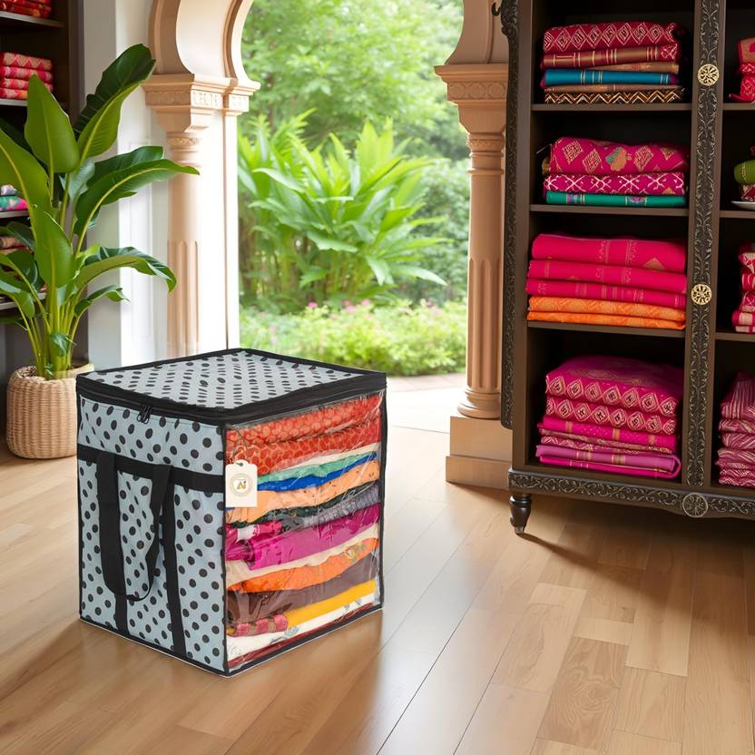 AMAK INC Polka Dot Non-Woven Saree Cover Organizer – 90 GSM Fabric, Transparent Front Window, Double Zipper & Sturdy Handles | Foldable Cloth Storage Box for Wardrobe (50L, Pack of 1) SFXL7773159842887